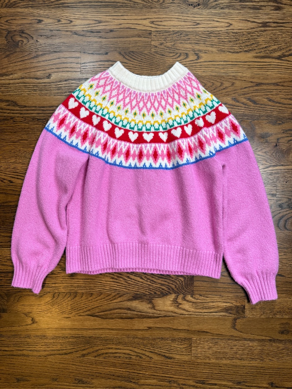 Old Navy Girls Sosoft Mock Neck Pink Fair Isle Heart Yoke Pullover Sweater 10-12